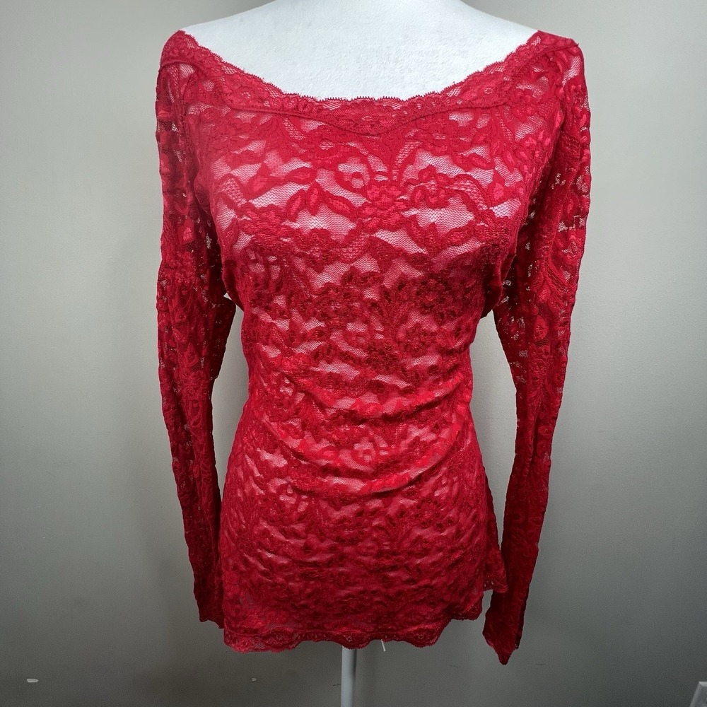 Moda Vintage Y2K Red Stretch Lace Top‎ Womens L Valentines Vamp Whimsigoth Layer